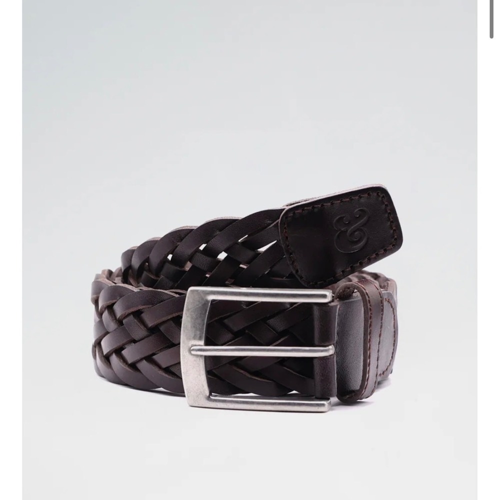 Collars & Co Mens Size XL‎ Leather Braided Belt Dark Brown Woven Silver Buckle